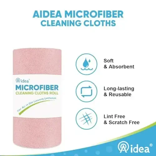 AIDEA Microfiber Cleaning Cloth Roll, 50PK, Tear Away Reusable Paper Towels Pink, Commercial Shop Rags, Microfiber Towels for Cars, Lint Free Cleaning Rags for House, Kitchen, Garage Shop, 11.5