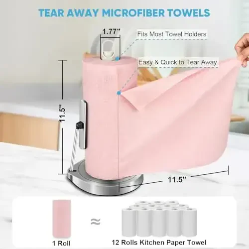 AIDEA Microfiber Cleaning Cloth Roll, 75PK, Tear Away Reusable Paper Towels, Pink Towels Lint Free Rags for House, Kitchen, Car Cleaning Supplies, 11.5