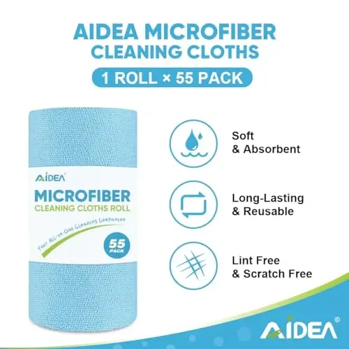 AIDEA Microfiber Cleaning Cloth Roll, Blue Shop Towels 55 Sheets 11×9