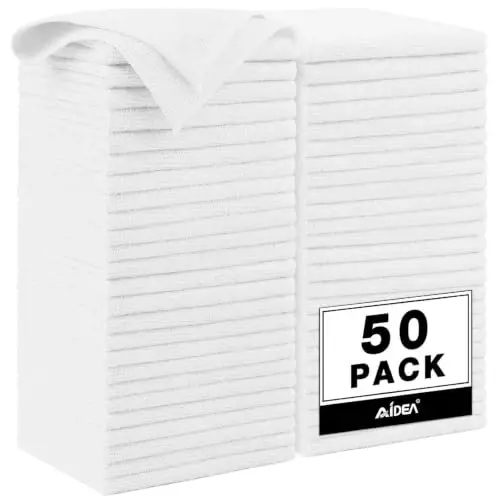 AIDEA Microfiber Cleaning Cloth White 50PK, Microfiber Towels for Cars, Premium Car Cloths, Dusting Cloth Lint Free Cleaning Rags for SUVs, House, Kitchen, Window, Workshops,12×12