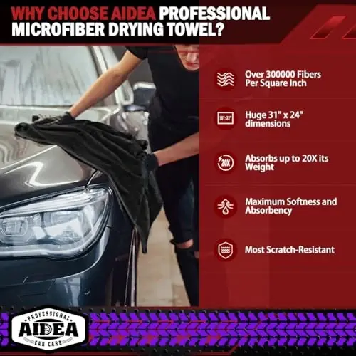 AIDEA Microfiber Towels for Cars-2PK, Large Professional Car Drying Towel, Scratch-Free & Absorbent Drying Towel for Cars, SUVs, RVs, Trucks, and Boats, 24inx 31in, Black - 2