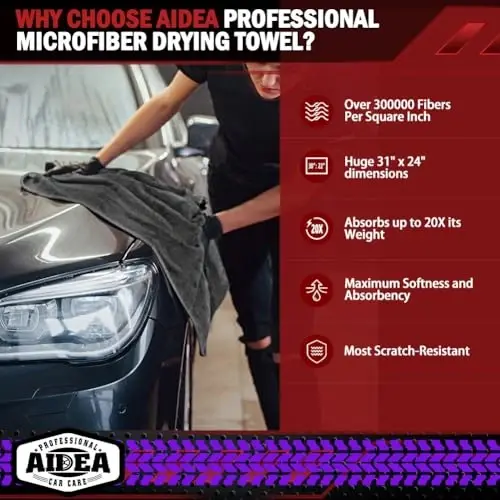 AIDEA Microfiber Towels for Cars-2PK, Large Professional Car Drying Towel, Scratch-Free & Absorbent Drying Towel for Cars, SUVs, RVs, Trucks, and Boats, 24inx 31in, Grey - 2