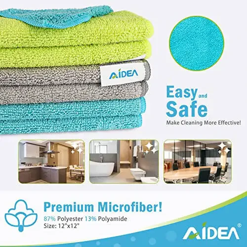 AIDEA Microfiber Tozalash Mato - 100 dona, Yuqori Absorbsiyalovchi Tozalash Sochig'i, Uy, Oshxona, Mashina, Oyna uchun tuk qoldirmaydigan chiziqsiz mikrofiber mato (12 dyuym x 12 dyuym) - 2