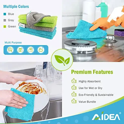AIDEA Microfiber Tozalash Mato - 100 dona, Yuqori Absorbsiyalovchi Tozalash Sochig'i, Uy, Oshxona, Mashina, Oyna uchun tuk qoldirmaydigan chiziqsiz mikrofiber mato (12 dyuym x 12 dyuym) - 6
