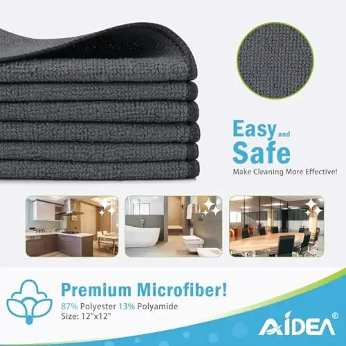 AIDEA Microfiber Tozalash Mato 100PK, Avtomobillar uchun Yumshoq Mikrofiber Sochiqlar, Singdiruvchi Tozalash Latta, Uy, Oshxona, Oyna uchun tuklarsiz chiziqsiz yuvish matolari (12inx12in), kulrang - AIDEA (1)