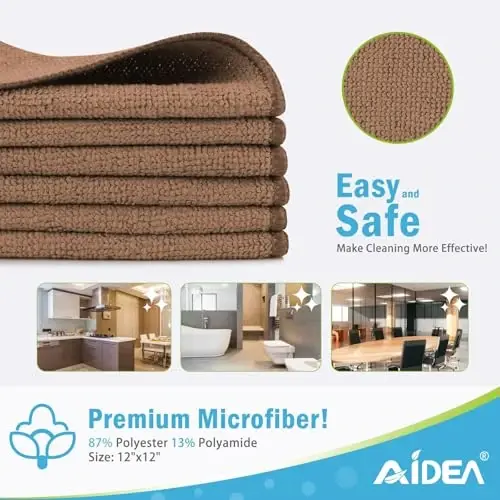AIDEA Microfiber Tozalash Mato - 12 dona, Mashinalar uchun yumshoq mikrofiber sochiqlar, singdiruvchi tozalash latta, tuklarsiz chiziqsiz yuvish matolari uy, oshxona, deraza uchun (12 dyuym x 12 dyuym), jigarrang - AIDEA (1)