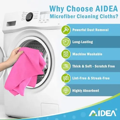 AIDEA Microfiber Tozalash Mato-12PK, Mashinalar uchun yumshoq Microfiber Sochiqlar, Shimuvchi Tozalash Latta, Tuk qoldirmaydigan Izsiz Yuvish Matolari Uy, Oshxona, Deraza uchun (12 dyuym.x12 dyuym), Pushti - 3