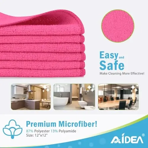 AIDEA Microfiber Tozalash Mato-12PK, Mashinalar uchun yumshoq Microfiber Sochiqlar, Shimuvchi Tozalash Latta, Tuk qoldirmaydigan Izsiz Yuvish Matolari Uy, Oshxona, Deraza uchun (12 dyuym.x12 dyuym), Pushti - 2