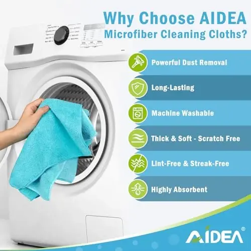 AIDEA Microfiber Tozalash Mato-12PK, Mashinalar uchun yumshoq Microfiber Sochiqlar, Singdiruvchi Tozalash Latta, Tuksiz Chiziqsiz Yuvish Latta Uy, Oshxona, Oyna uchun (12in.x12in), Moviy - 3