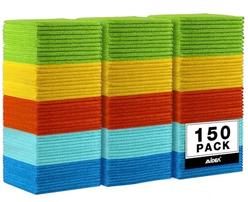AIDEA Microfiber Tozalash Mato, 150 dona, Avtomobillar uchun mikrofiber sochiqlar, Premium Barcha Maqsadli Avto Mato, tuklarsiz latta, SUVlar, uy, oshxona, deraza uchun absorbent sochiqlar, 12