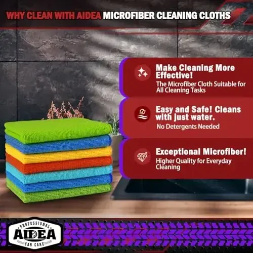AIDEA Microfiber Tozalash Mato, 150 dona, Avtomobillar uchun mikrofiber sochiqlar, Premium Barcha Maqsadli Avto Mato, tuklarsiz latta, SUVlar, uy, oshxona, deraza uchun absorbent sochiqlar, 12