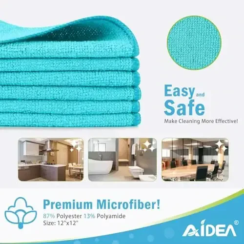 AIDEA Microfiber Tozalash Mato-50PK, Avtomobillar uchun Yumshoq Mikrofiber Sochiqlar, Shimuvchan Tozalash Latta, Uy, Oshxona, Deraza uchun tuk qoldirmaydigan chiziqsiz yuvish matolari (12in.x12in), Moviy - AIDEA (1)