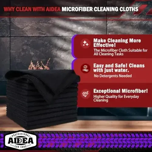 AIDEA Microfiber Tozalash Mato Qora 20PK, Avtomobillar uchun Microfiber Sochiqlar, Premium Avto Mato, SUVlar, Uy, Oshxona, Deraza, Ustaxonalar uchun Changsiz Tozalash Latta, 12×12