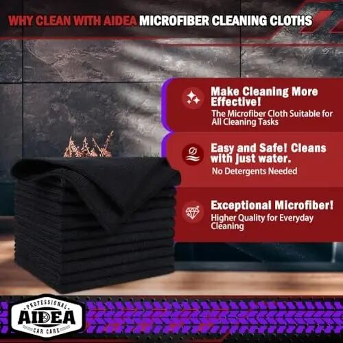 AIDEA Microfiber Tozalovchi Mato Qora 50PK, Avtomobillar uchun Microfiber Sochiqlar, Premium Avtomobil Matolari, Changni Tozalash Mato Tolasi bo'lmagan Tozalash Latta SUVlar, Uy, Oshxona, Deraza, Ustaxonalar, 12×12