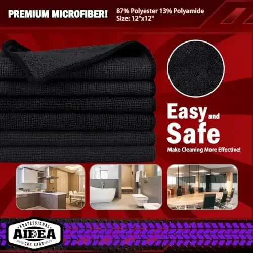 AIDEA Microfiber Tozalovchi Mato Qora 50PK, Avtomobillar uchun Microfiber Sochiqlar, Premium Avtomobil Matolari, Changni Tozalash Mato Tolasi bo'lmagan Tozalash Latta SUVlar, Uy, Oshxona, Deraza, Ustaxonalar, 12×12