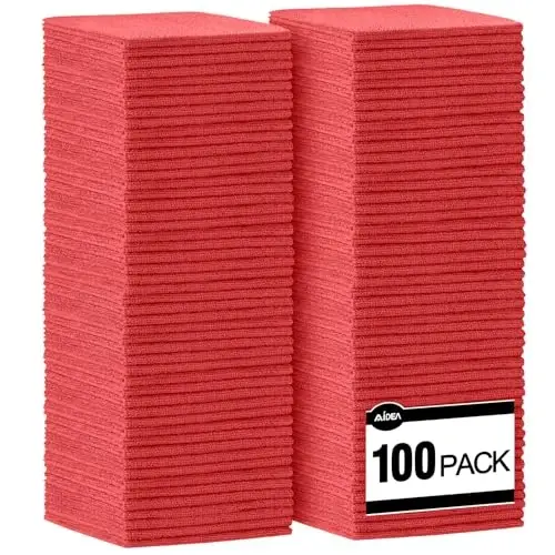 AIDEA Microfiber Cleaning Cloth Red-100PK, Soft Absorbent Shop Rags, Microfiber Towels for Cars, Kitchen Towels, Dusting Cloth for Home, Window, Cleaning Supplies, 12