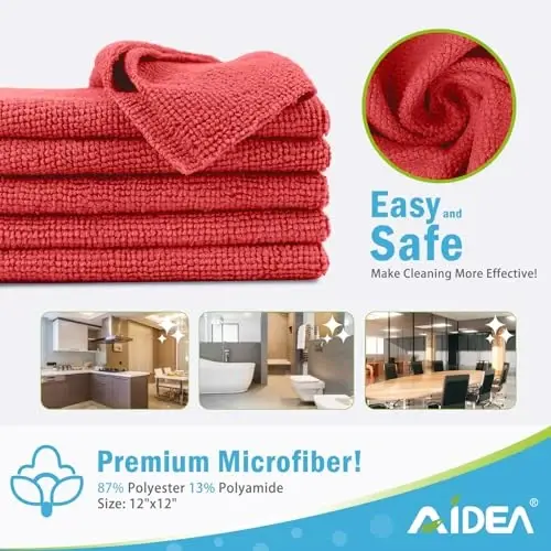 AIDEA Microfiber Cleaning Cloth Red-100PK, Soft Absorbent Shop Rags, Microfiber Towels for Cars, Kitchen Towels, Dusting Cloth for Home, Window, Cleaning Supplies, 12