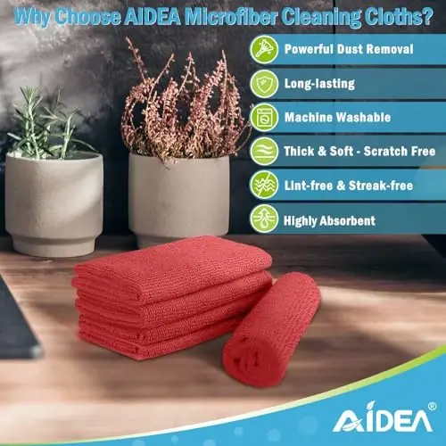 AIDEA Microfiber Cleaning Cloth Red-50PK, Soft Absorbent Shop Rags, Microfiber Towels for Cars, Kitchen Towels, Dusting Cloth for Home, Window, Cleaning Supplies, 12
