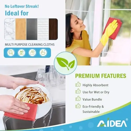 AIDEA Microfiber Cleaning Cloth Red-50PK, Soft Absorbent Shop Rags, Microfiber Towels for Cars, Kitchen Towels, Dusting Cloth for Home, Window, Cleaning Supplies, 12