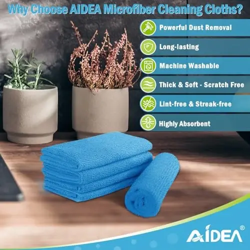 AIDEA Microfiber Cleaning Cloth Blue-100PK, Soft Absorbent Shop Rags, Microfiber Towels for Cars, Kitchen Towels, Dusting Cloth for Home, Window, Cleaning Supplies, 12