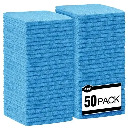 AIDEA Microfiber Cleaning Cloth Blue-50PK, Soft Absorbent Shop Rags, Microfiber Towels for Cars, Kitchen Towels, Dusting Cloth for Home, Window, Cleaning Supplies, 12