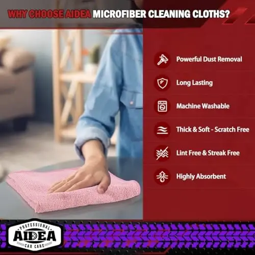 AIDEA Microfiber Cleaning Cloth Pink 20PK, Microfiber Towels for Cars, Premium Car Cloths, Dusting Cloth Lint Free Cleaning Rags for SUVs, House, Kitchen, Window, Workshops,12×12