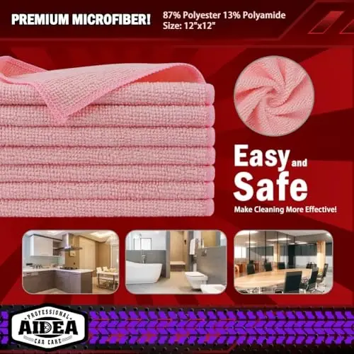 AIDEA Microfiber Cleaning Cloth Pink 20PK, Microfiber Towels for Cars, Premium Car Cloths, Dusting Cloth Lint Free Cleaning Rags for SUVs, House, Kitchen, Window, Workshops,12×12