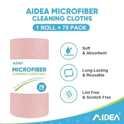 AIDEA Microfiber Cleaning Cloth Roll, 75PK, Tear Away Reusable Paper Towels, Pink Towels Lint Free Rags for House, Kitchen, Car Cleaning Supplies, 11.5