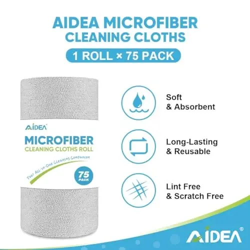 AIDEA Microfiber Cleaning Cloth Roll, Grey 75PK, Reusable Paper Towels Tear Away Cloth, Microfiber Towels for Cars, Wash Cloths, Lint Free Rags for House, Kitchen,Window,Cleaning Supplies 11.5