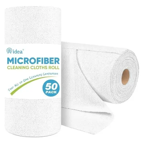 AIDEA Microfiber Cleaning Cloth Roll, White 50PK, Tear Away Reusable Paper Towels, Commercial Shop Rags, Microfiber Towels for Cars, Lint Free Rags for House, Kitchen, Automotive, 11.5