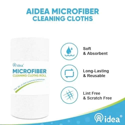 AIDEA Microfiber Cleaning Cloth Roll, White 50PK, Tear Away Reusable Paper Towels, Commercial Shop Rags, Microfiber Towels for Cars, Lint Free Rags for House, Kitchen, Automotive, 11.5