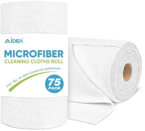 AIDEA Microfiber Cleaning Cloth Roll White, 75PK, Microfiber Towels for Cars, Tear Away Reusable Paper Towels, Commercial Shop Rags, Lint Free Rags for House, Kitchen, Automotive, 11.5