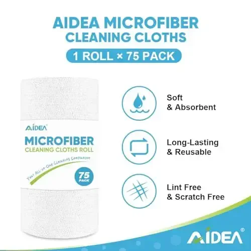 AIDEA Microfiber Cleaning Cloth Roll White, 75PK, Microfiber Towels for Cars, Tear Away Reusable Paper Towels, Commercial Shop Rags, Lint Free Rags for House, Kitchen, Automotive, 11.5