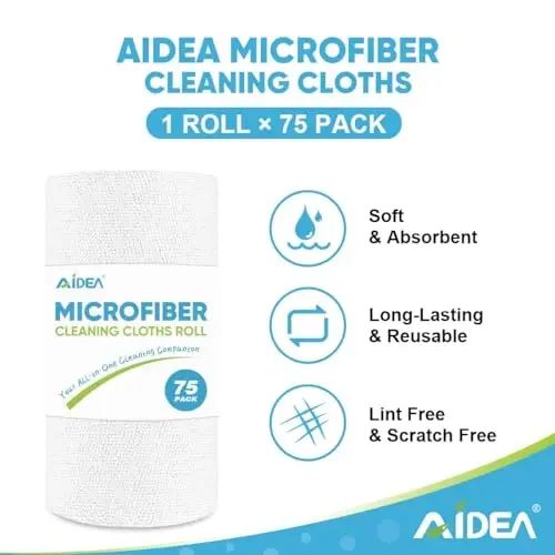 AIDEA Microfiber Cleaning Cloth Roll White, 75PK, Microfiber Towels for Cars, Tear Away Reusable Paper Towels, Commercial Shop Rags, Lint Free Rags for House, Kitchen, Automotive, 11.5