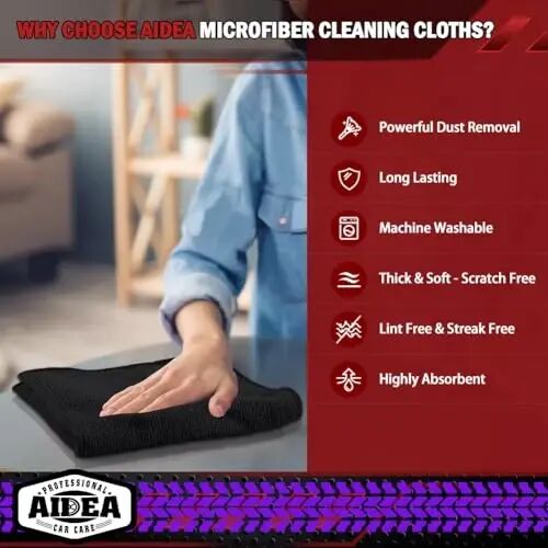 AIDEA Mikrofiber Temizlik Bezi Siyah 20'li Paket, Arabalar için Mikrofiber Havlular, Premium Araba Bezi, Toz Bezi Tüy Bırakmayan Temizlik Bezleri SUV'lar, Ev, Mutfak, Pencere, Atölyeler, 12×12