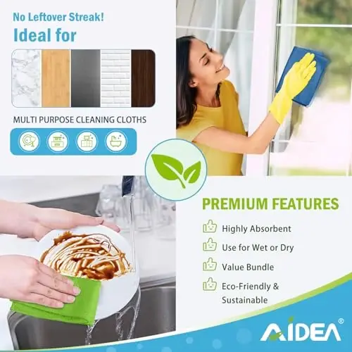 AIDEA Microfiber Cleaning Cloth, 8PK, All Purpose Microfiber Towels, Absorbent Cleaning Rags Kitchen Towels, Lint Free Dusting Cloth for House, Kitchen, Car, Window, 12
