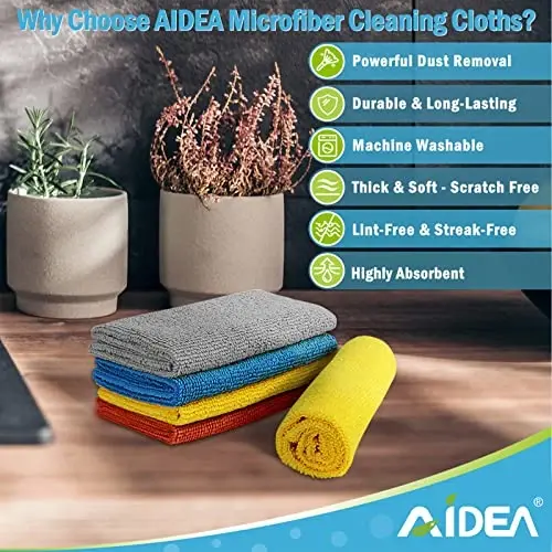 AIDEA Mikrofiber Tozalash Matolari 8 Dona, Changni Tozalash Sochig'i, Barcha Maqsadlar Uchun Yumshoq Chang Yutuvchi, Tuksiz Latta, Uy, Oshxona, Avtomobil, Derazalar Uchun Chiziqsiz Sochiq, 12