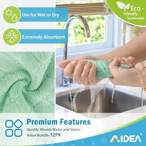 AIDEA Kitchen Towels, 12 Pack Absorbent Coral Fleece Dish Towels, No Odor Reusable Dish Cloths, Microfiber Cleaning Cloths, Fast Drying Dishcloths, 6.3