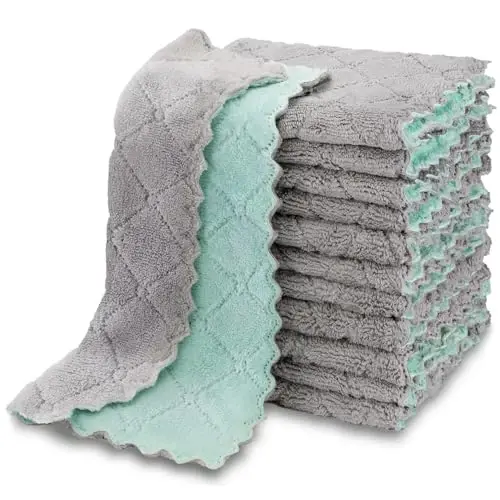 AIDEA Kitchen Towels, 12 Pack Absorbent Coral Fleece Dish Towels, No Odor Reusable Dish Cloths, Microfiber Cleaning Cloths, Fast Drying Dishcloths, 6.3