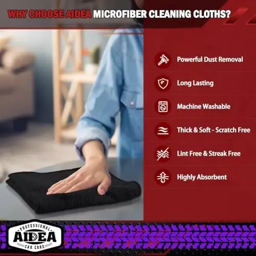 AIDEA Салфетки из микрофибры для уборки, черные, 10 шт., полотенца из микрофибры для автомобилей, премиальные салфетки для мытья, безворсовые тряпки для пыли для внедорожников, дома, кухни, окон, принадлежности для уборки 12×12