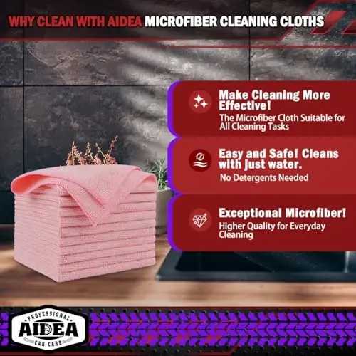 AIDEA Салфетки из микрофибры для уборки, розовые, 20 шт., полотенца из микрофибры для автомобилей, салфетки премиум-класса для автомобилей, безворсовые тряпки для уборки пыли для внедорожников, дома, кухни, окон, мастерских, 12 × 12 дюймов - 2