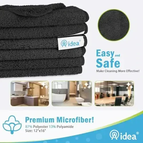 AIDEA Microfiber Cleaning Cloth-8PK, Soft Microfiber Towels for Cars, Absorbent Cleaning Rags, Lint-Free Streak-Free Wash Cloths for House, Kitchen, Window(12in.x16in), Black - AIDEA (1)