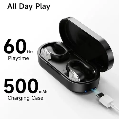 aigo Open Ear Earbuds, Wireless Bluetooth Earphone, Clip on Headphones, Over The Ear Earbuds for Fitness Running Gym Workouts, Built-in Mic, Wireless Charging, Black Headset - 4