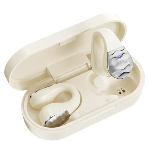 aigo Open Ear Earbuds, Wireless Bluetooth Earphone, Clip on Headphones, Over The Ear Earbuds for Fitness Running Gym Workouts, Built-in Mic, Wireless Charging, Off White Headset - aigo
