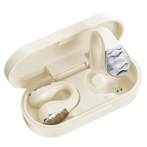 aigo Open Ear Earbuds, Wireless Bluetooth Earphone, Clip on Headphones, Over The Ear Earbuds for Fitness Running Gym Workouts, Built-in Mic, Wireless Charging, Off White Headset - 1