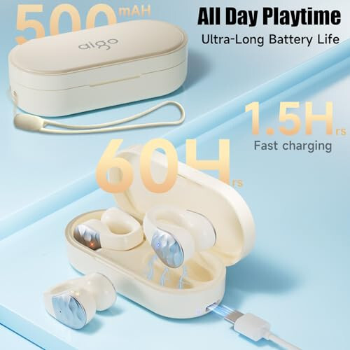 aigo Open Ear Earbuds, Wireless Bluetooth Earphone, Clip on Headphones, Over The Ear Earbuds for Fitness Running Gym Workouts, Built-in Mic, Wireless Charging, Off White Headset - 10
