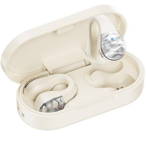 aigo Open Ear Earbuds, Wireless Bluetooth Earphone, Clip on Headphones, Over The Ear Earbuds for Fitness Running Gym Workouts, Built-in Mic, Wireless Charging, Off White Headset - 4