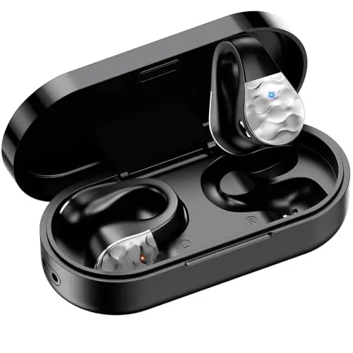 aigo Open Ear Earbuds, Wireless Bluetooth Earphone, Clip on Headphones, Over The Ear Earbuds for Fitness Running Gym Workouts, Built-in Mic, Wireless Charging, Black Headset 