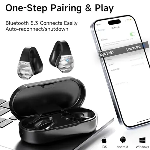 aigo Open Ear Earbuds, Wireless Bluetooth Earphone, Clip on Headphones, Over The Ear Earbuds for Fitness Running Gym Workouts, Built-in Mic, Wireless Charging, Black Headset - 3