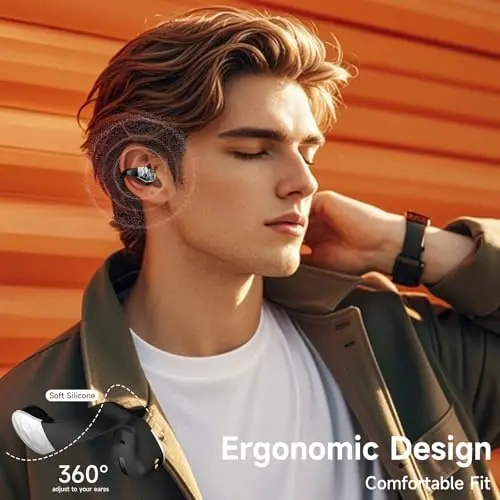 aigo Open Ear Earbuds, Wireless Bluetooth Earphone, Clip on Headphones, Over The Ear Earbuds for Fitness Running Gym Workouts, Built-in Mic, Wireless Charging, Black Headset - 2